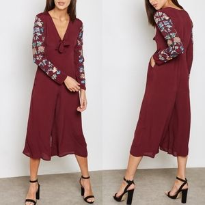 Topshop Burgundy Embroidered V-neck Jumpsuit Sz 8
